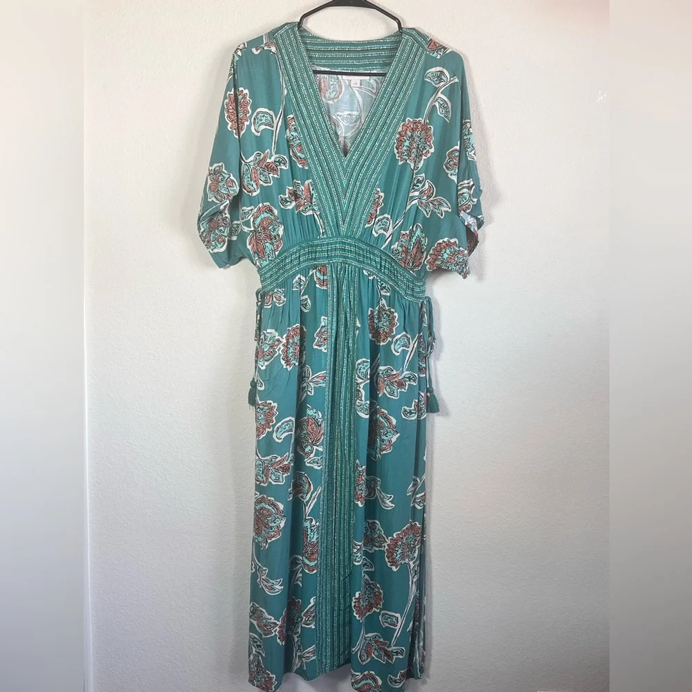 Knox Rose Green Floral Boho Midi Dress V Neck Cottagecore Size S - Picture 2 of 4
